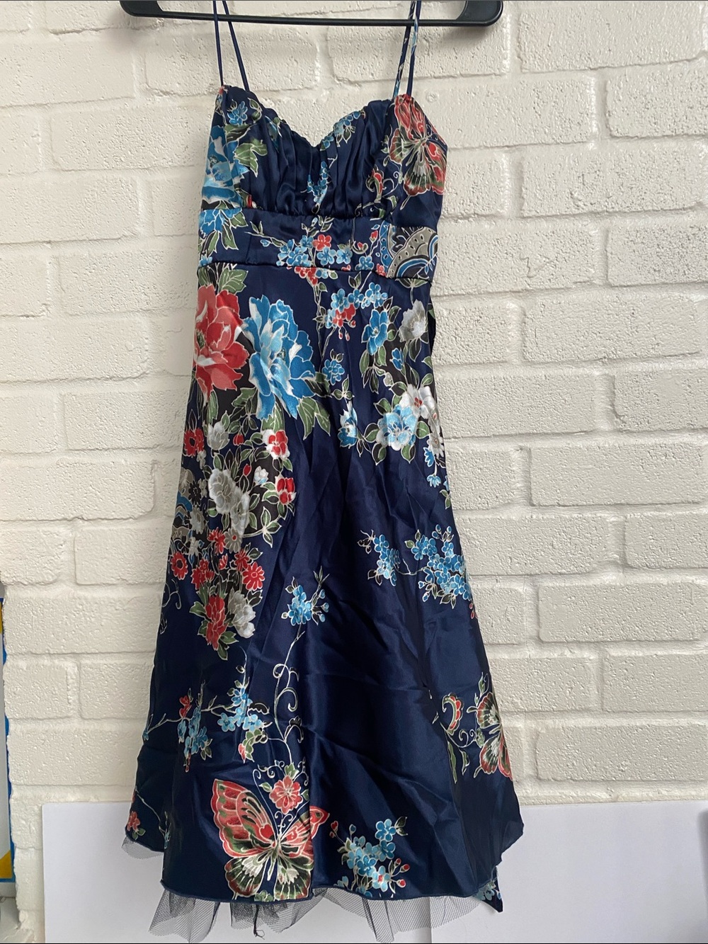 Navy Floral-Print Midi Dress with Spaghetti Straps